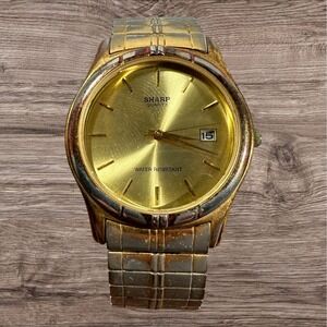 Mens Sharp Quartz Watch Gold Tone Date Japan 246253 377 Stretch Band‎